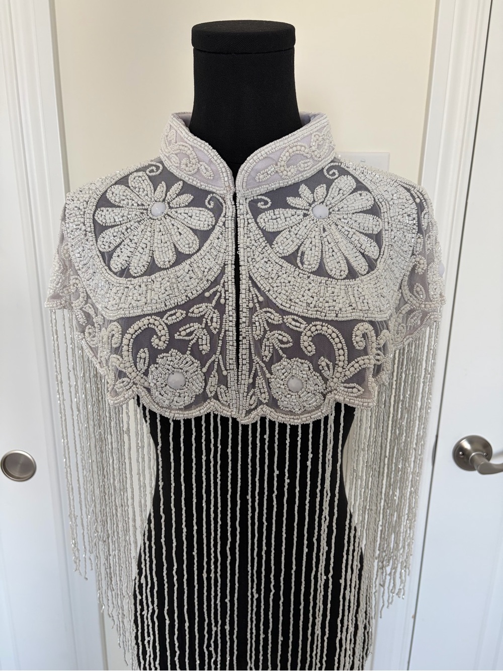 White Silver Beaded Fringe Shoulder Cape | Party Festival Evening Statement